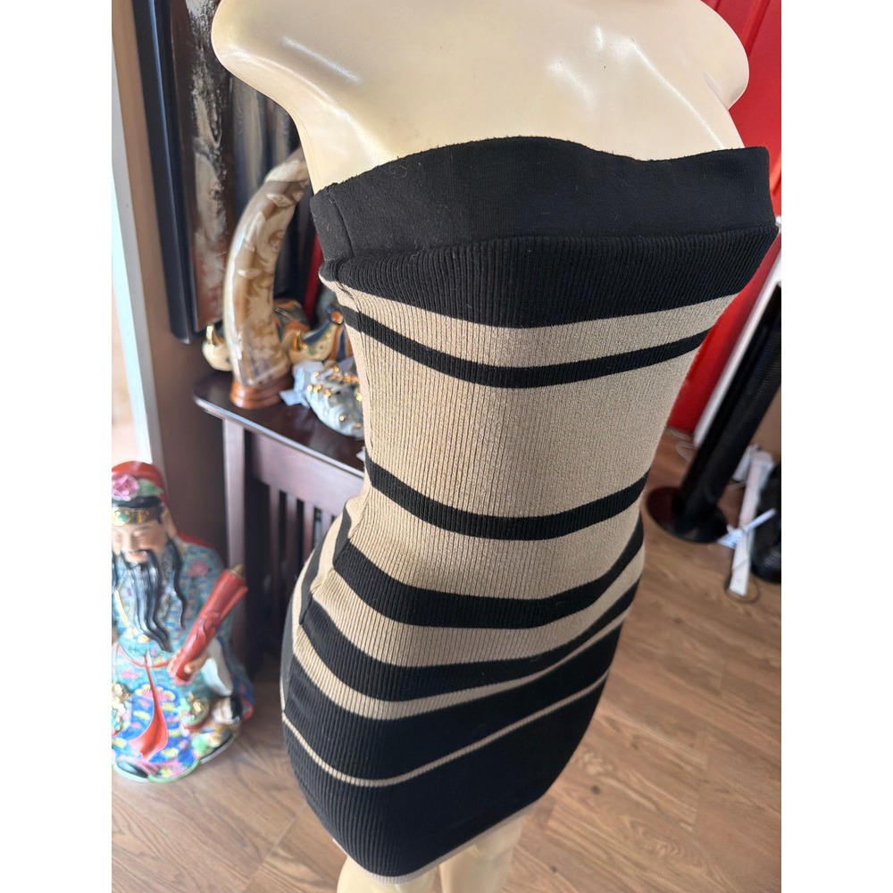 Fashion Nova Tan Black Striped Ribbed Knit Bodycon Strapless Mini Tube Dress - Picture 2 of 7